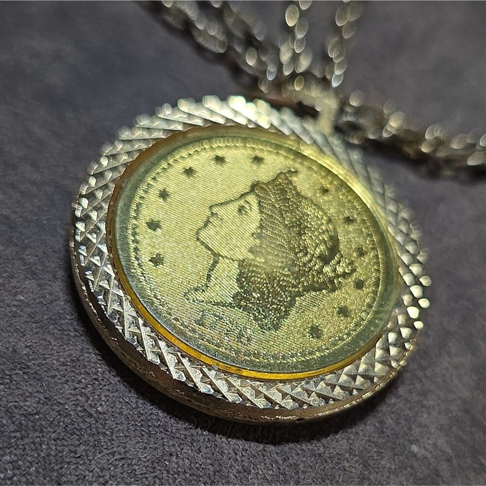 Vintage Necklace 1776 Gold Tone Coin Double Sided Pendant Lady Liberty Eagle US